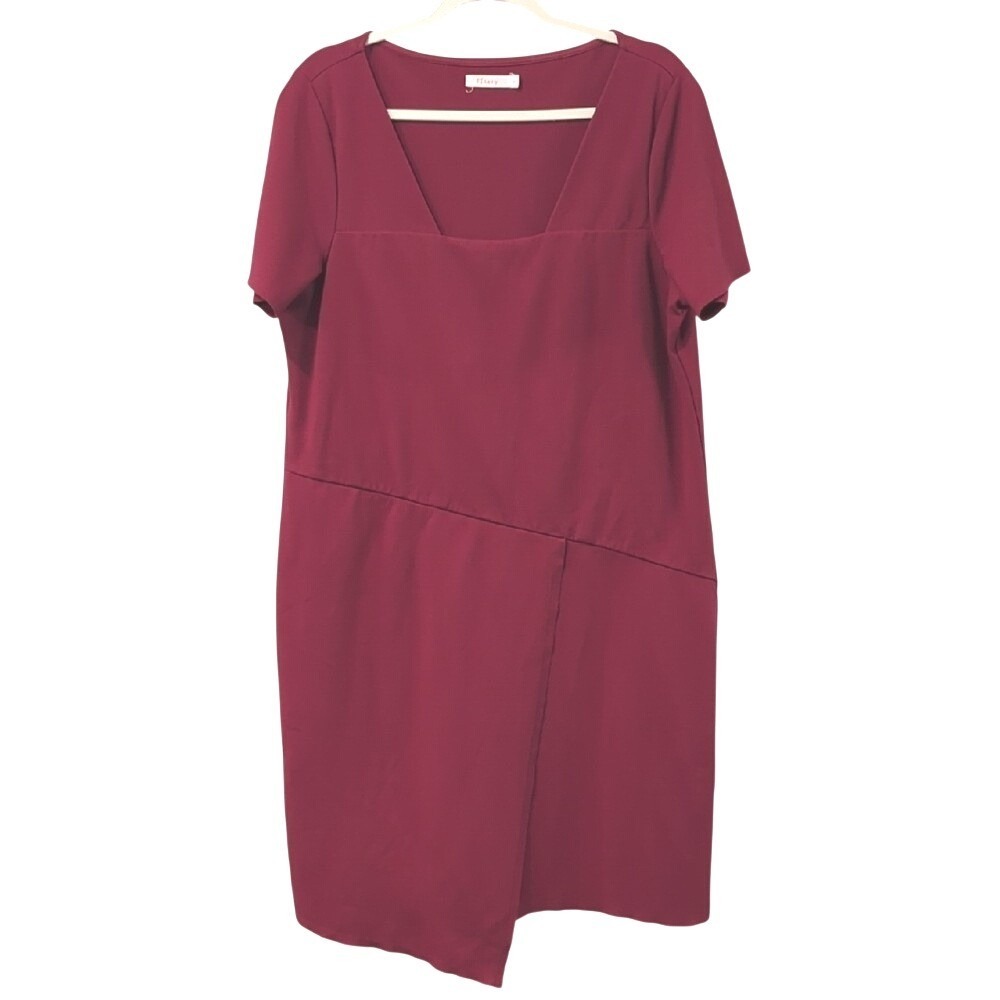 Finery London Burgundy Asymmetric Seam Sheath Dress Square Neck Short Sleeve 12